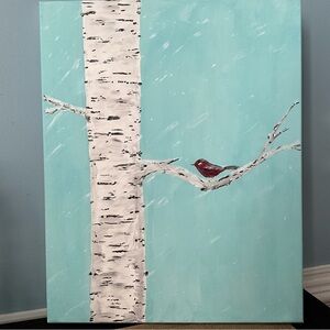 Birch Tree Red Bird original art work/acrylic painting/20x12/wall hanging